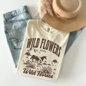 Comfort Colors Vintage Wild Horses Wildflowers T-shirt Western Country Vintage T-shirt Gifts For Her Retro For Women Western Style Trendy Outfits Cowboy Cowgirl