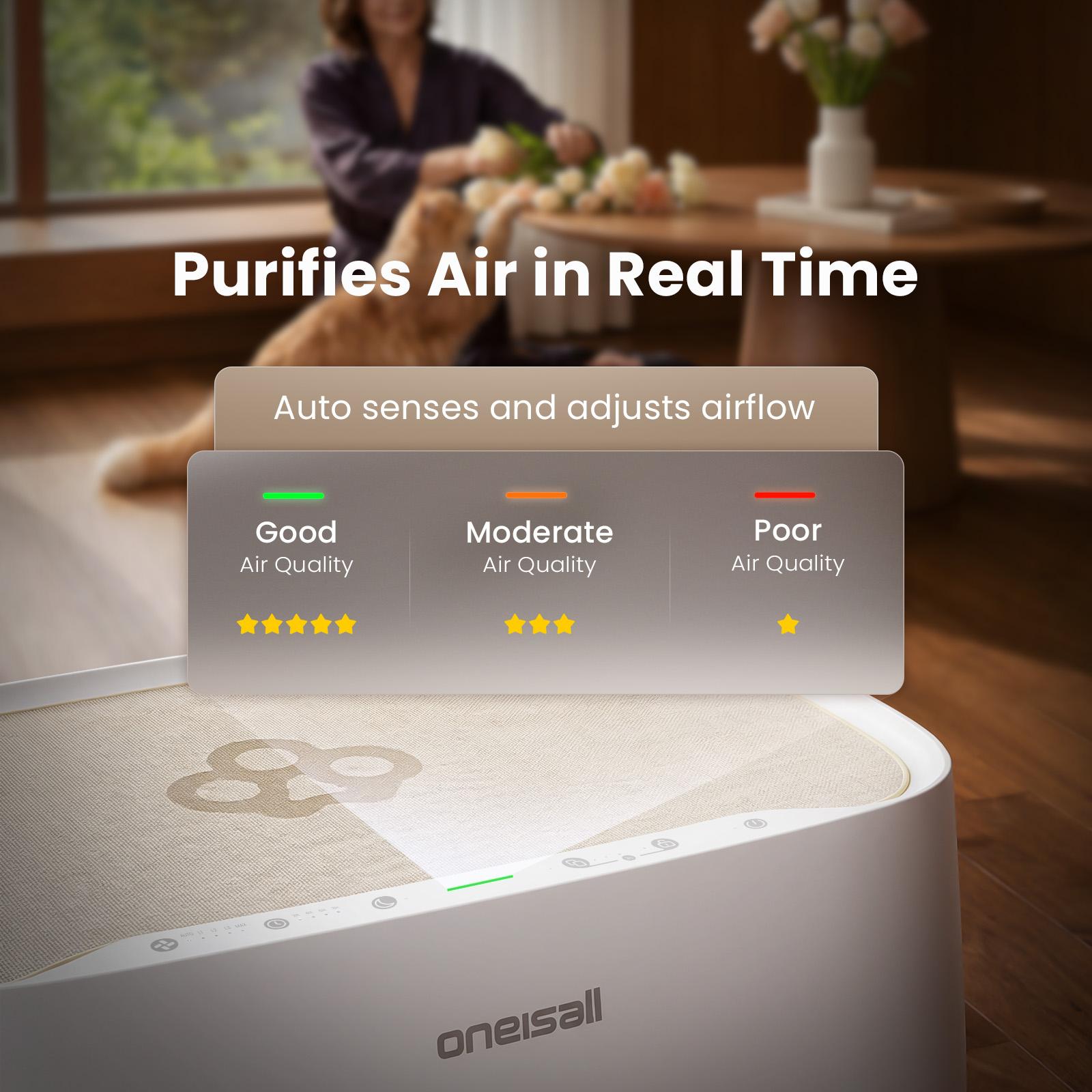 Backtoschool Oneisall Air Purifiers for multi‑cat households with Cat Bed, H13 HEPA for Multi‑Cat Home, 3-Sided Air Intake, PM2.5 Air Quality Monitor，Bottom with Independent Hair Collection Bin, Quiet Multi‑Speed, Captures Pet Fur, Odors, Allergens & Dust
