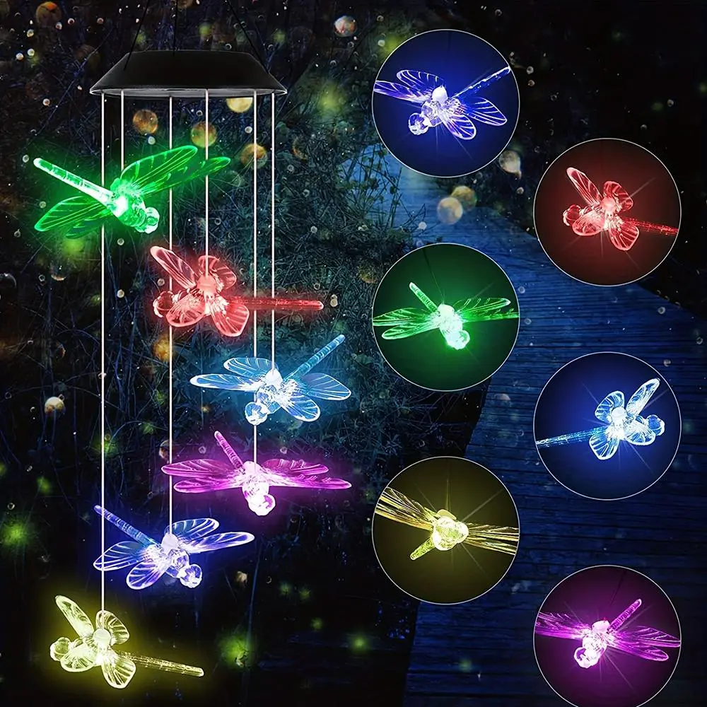 Solar Dragonfly Wind Chime Hook with 6 Color-Changing LED Mood Lights, 600mAh Battery, Auto Night Show, Copper Photovoltaic Panel, Water-Resistant Outdoor Porch Garden Accessory, Mother's Day Gift Decor, Garden Accessories, Led Lights