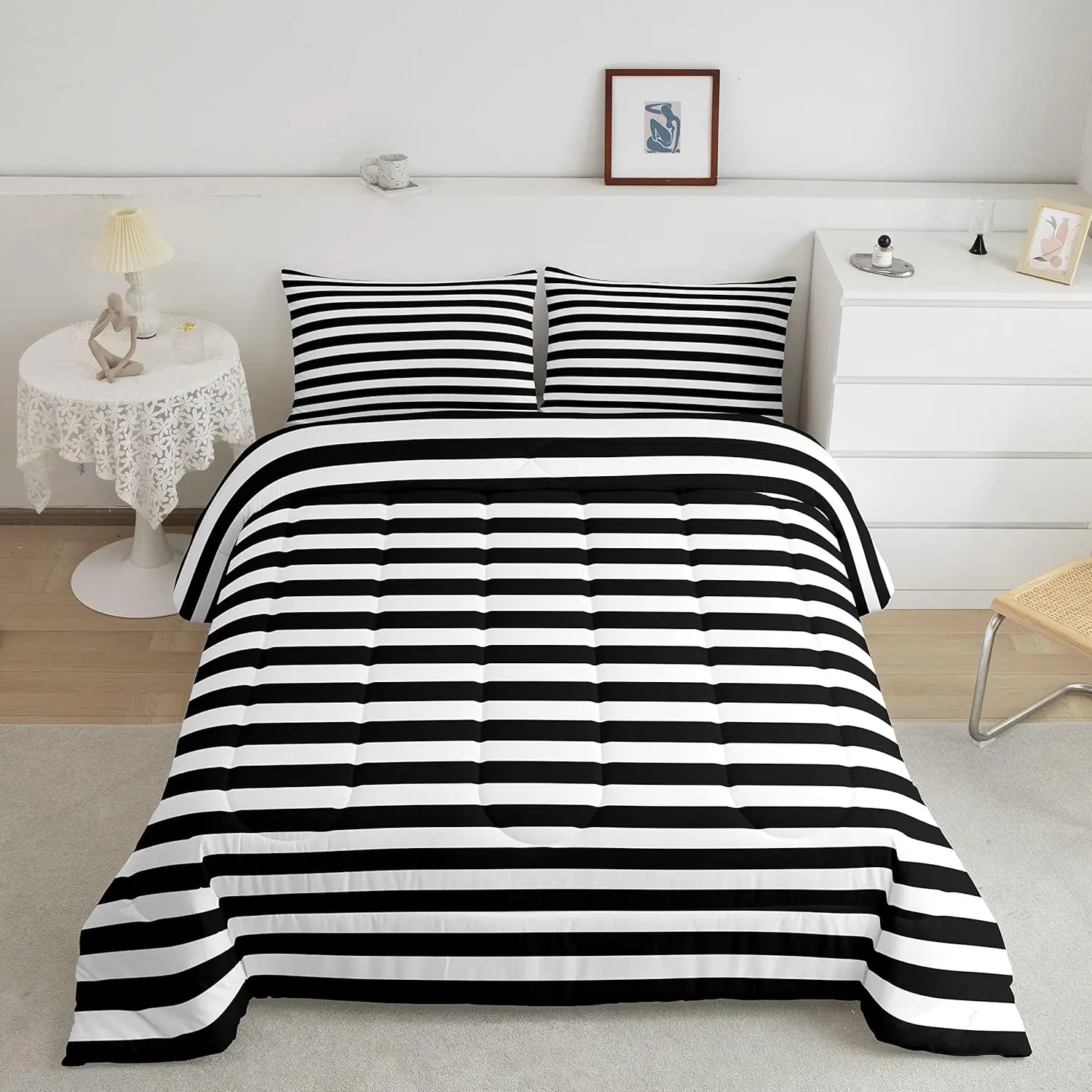 Feelyou Queen Size Comforter Set - Multi-Size Microfiber Bedding, Black & White Farmhouse Vertical Striped Blankets, Skin-Friendly Lightweight Warm Bedding for Adults, Bedroom Decor Ideas, Comforter Queen Size