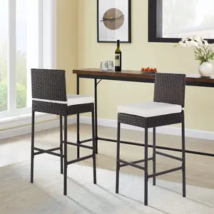 2 Piece Outdoor Bar Stools 30" Wicker Patio Tall Outdoor Chairs Height Stools All Weather Patio Furniture with Footrest Khaki Cushion for Outdoor Indoor Pool Lawn Porch Backyard,Brown