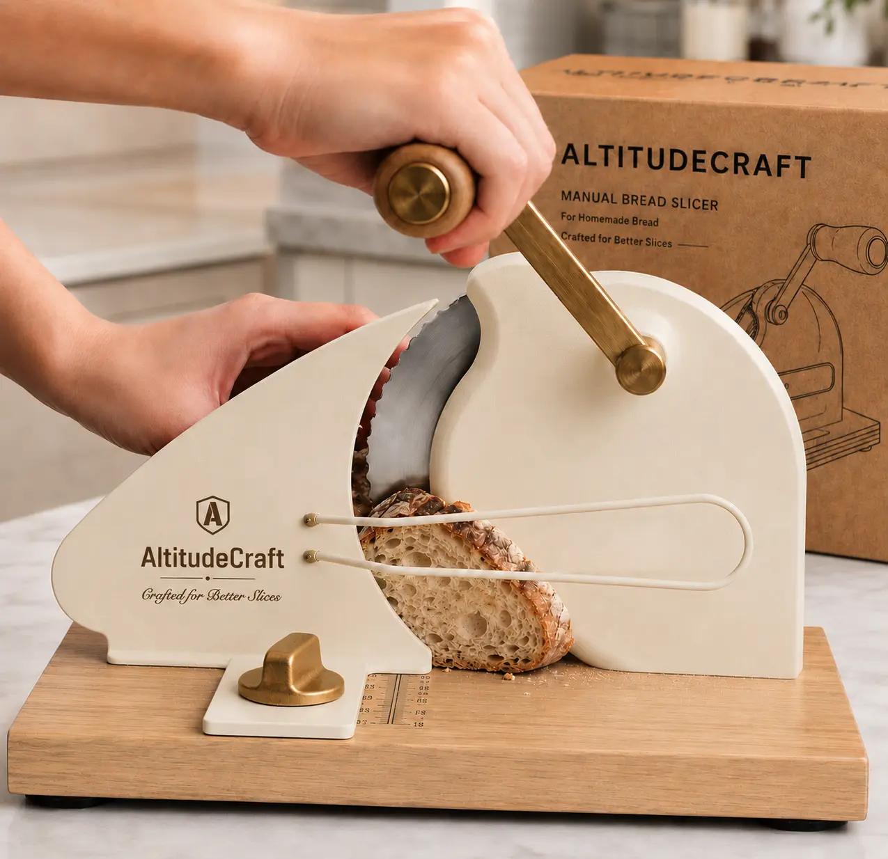 AltitudeCraft Manual Sourdough Bread Slicer, Adjustable Hand Crank Bread Cutter with Reusable Bread Bag, Even Slices of Crusty Artisan Loaves Without a Bread Knife, Easy on Weak Hands, Gift Boxed for Bakers, Christmas Gift for Him and Her