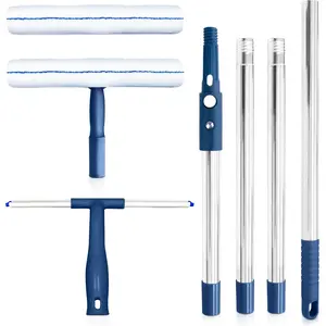 Window Cleaning Kit 62’’, Window Washing Kit with Extension Pole with Silicone Scraper and 2X Microfiber Scrubber Sleeves, Window Cleaner Tool for Home, Shower, Glass, Mirror, Car