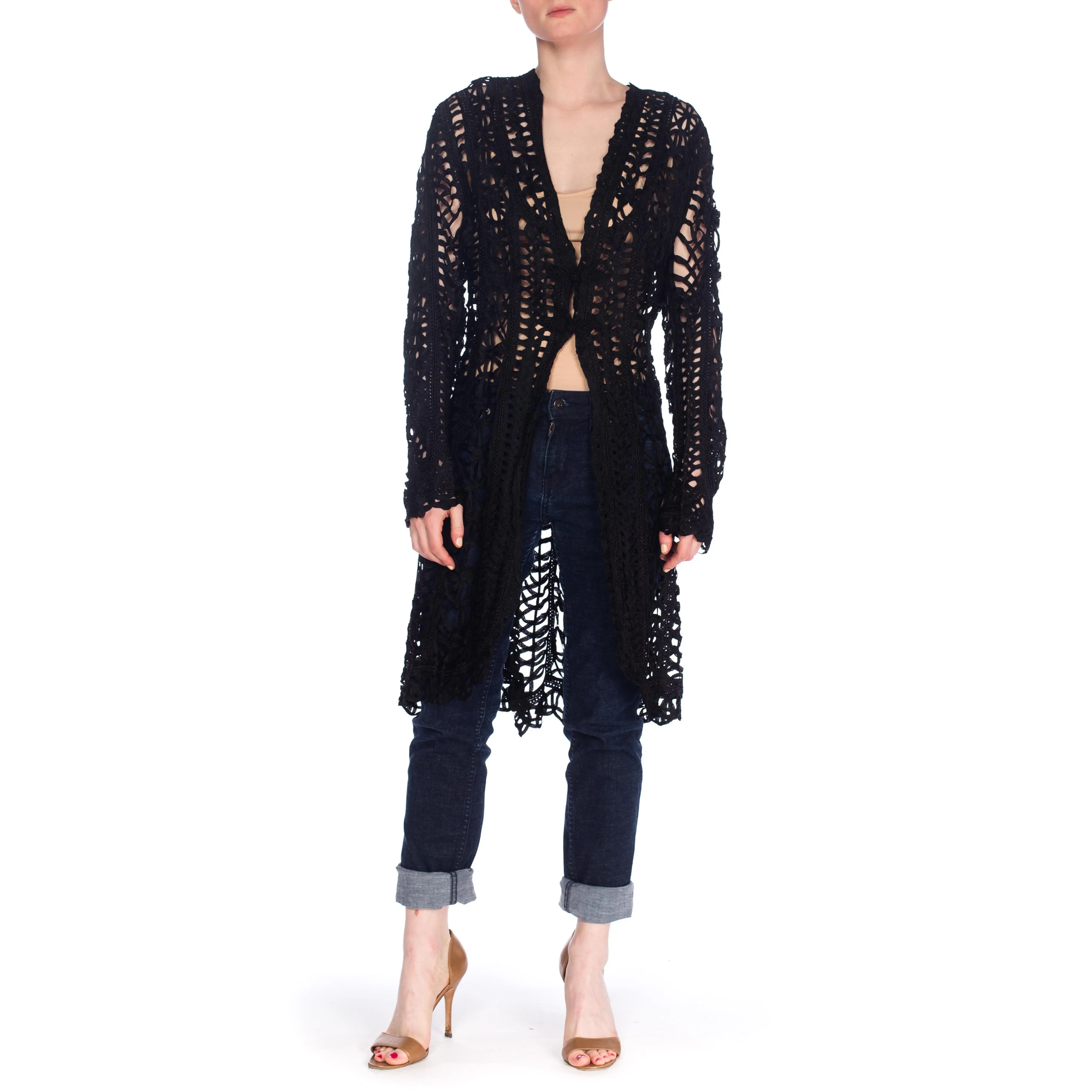 Victorian Black Silk Belle Epoch Ribbon Lace Duster Jacket