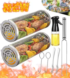Rolling Grill Basket – Rotating Mesh Cylinder for BBQ, Veggies, Fish, Meat – Perfect Camping & Gift for Men