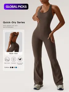 Women's Solid Cut Out Backless Sports Tummy Control Jumpsuit, Quick Drying U Neck Sleeveless Jumpsuit for Yoga Gym Workout, Ladies Sportswear for Summer