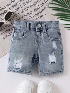 Boy Short Jeans, Solid Color, Slight Stretch, Ripped, Quick Dry, with Pockets, Suitable for Spring and Summer