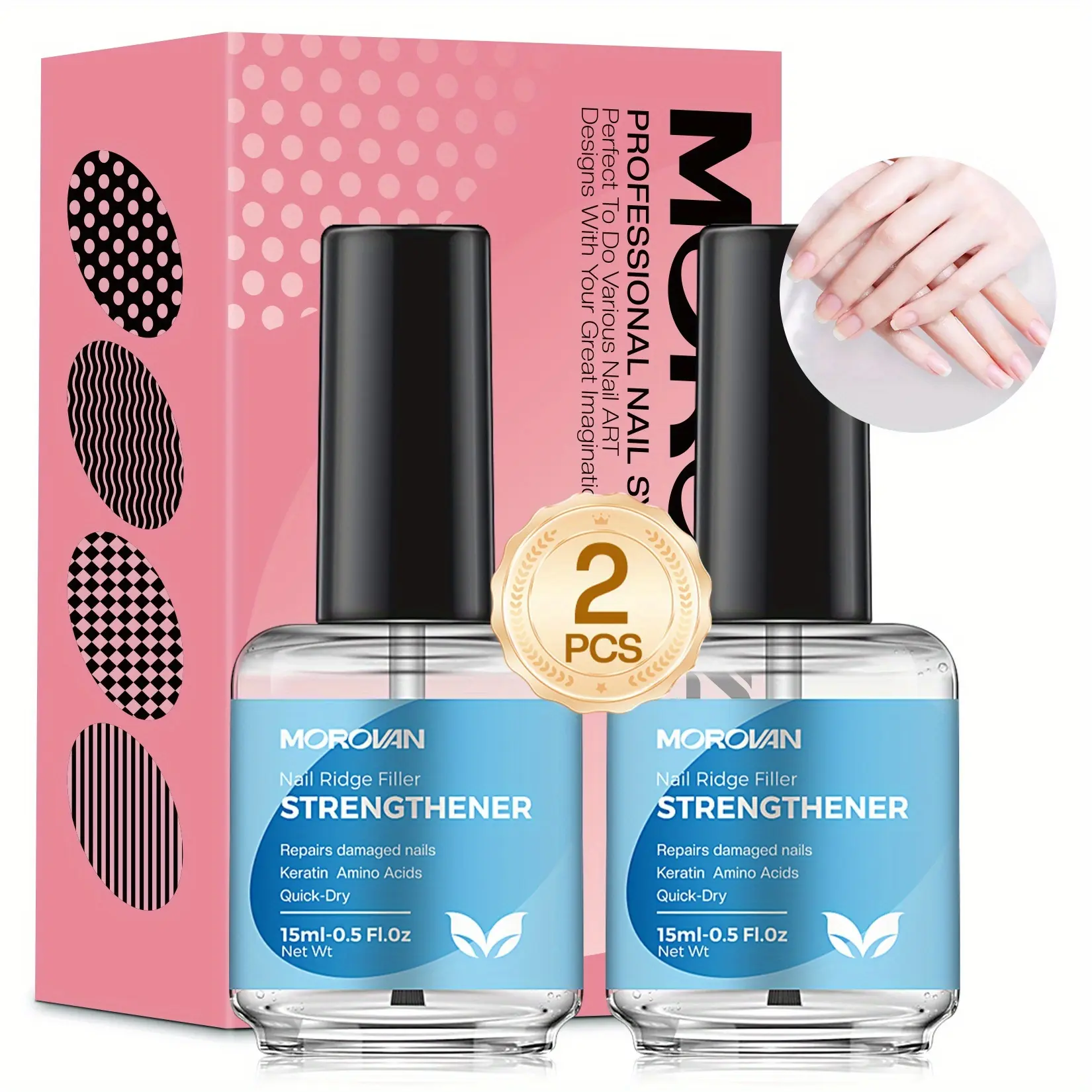 MOROVAN 2PCS 15ml Nail Strengthener & Ridge Filler, Gentle Keratin Nail Care Treatment for Weak Brittle Splitting Peeling Nails