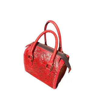 Small 8” Leather Tooled Speedy Bag - Red Color, Handbag with Zipper Closure, Ideal for Everyday Use-Matching Tooled Adjustable Strap