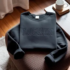 LOCK IN Embroidered Sweatshirt - Motivational Black Crewneck Gym Sweatshirt Streetwear Pullover