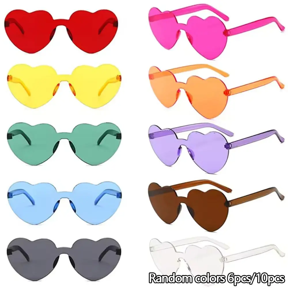 6 Pairs/10 Pairs Frameless Heart-Shaped Glasses, Fashionable Transparent Candy Color Party Sunglasses, Perfect for Parties and Events, Plastic Sunglasses