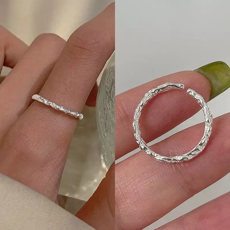 Irregular Textured Open Adjustable Ring Silver Twisted Wrinkled Band Minimalist Women Finger Ring
