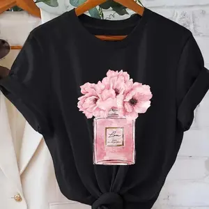 [100% Cotton] Women's floral print t-shirt, Parisian floral design, casual round neck short sleeve top, Suitable for daily wear in all seasons  Golf Gift T-Shirt For Men and Women