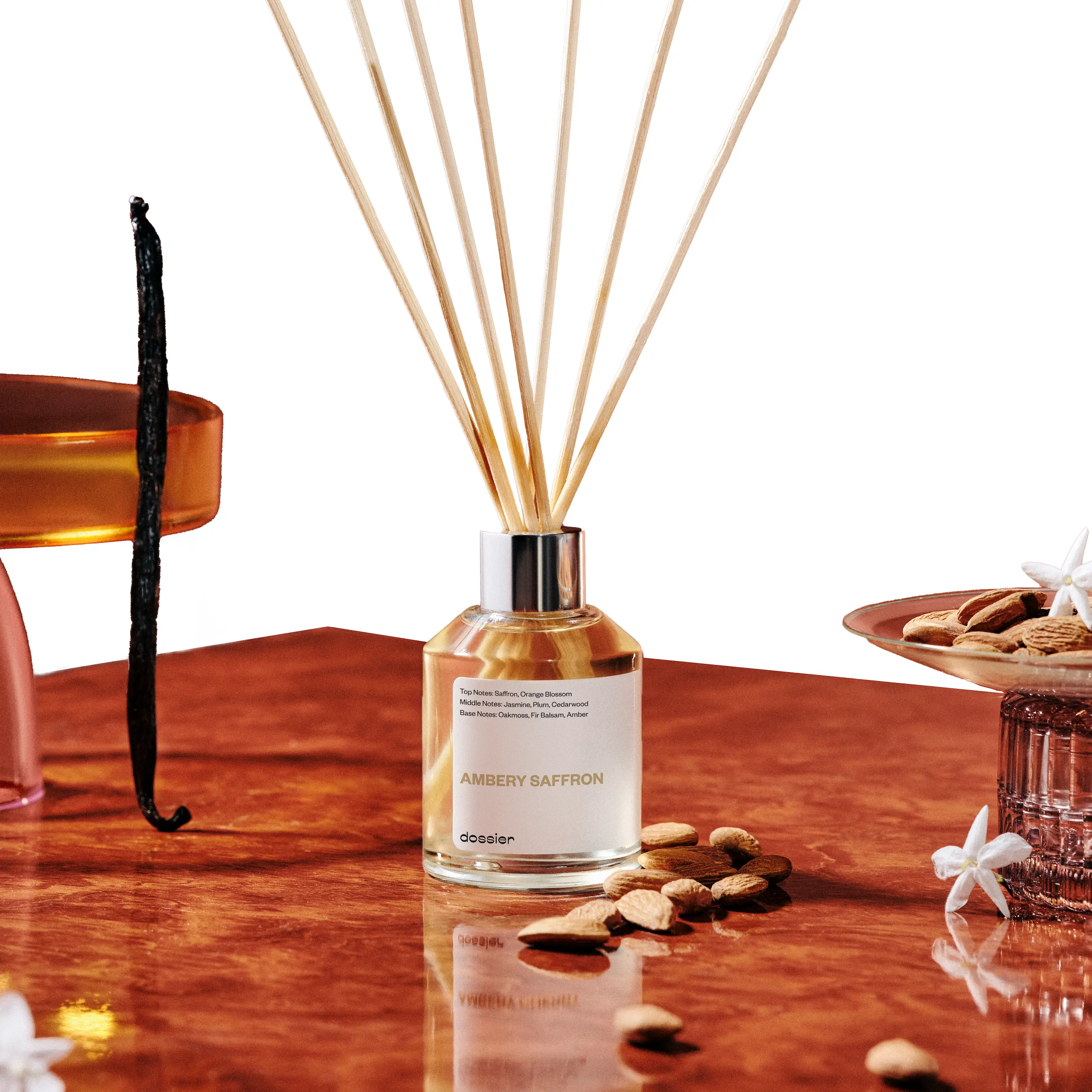 Dossier Room Diffuser, 100ml, Ambery Saffron, Floral Marshmallow, Ambery Vanilla, Woody Sandalwood, Floral Honeysuckle, Ambery Cherry, Gourmand White