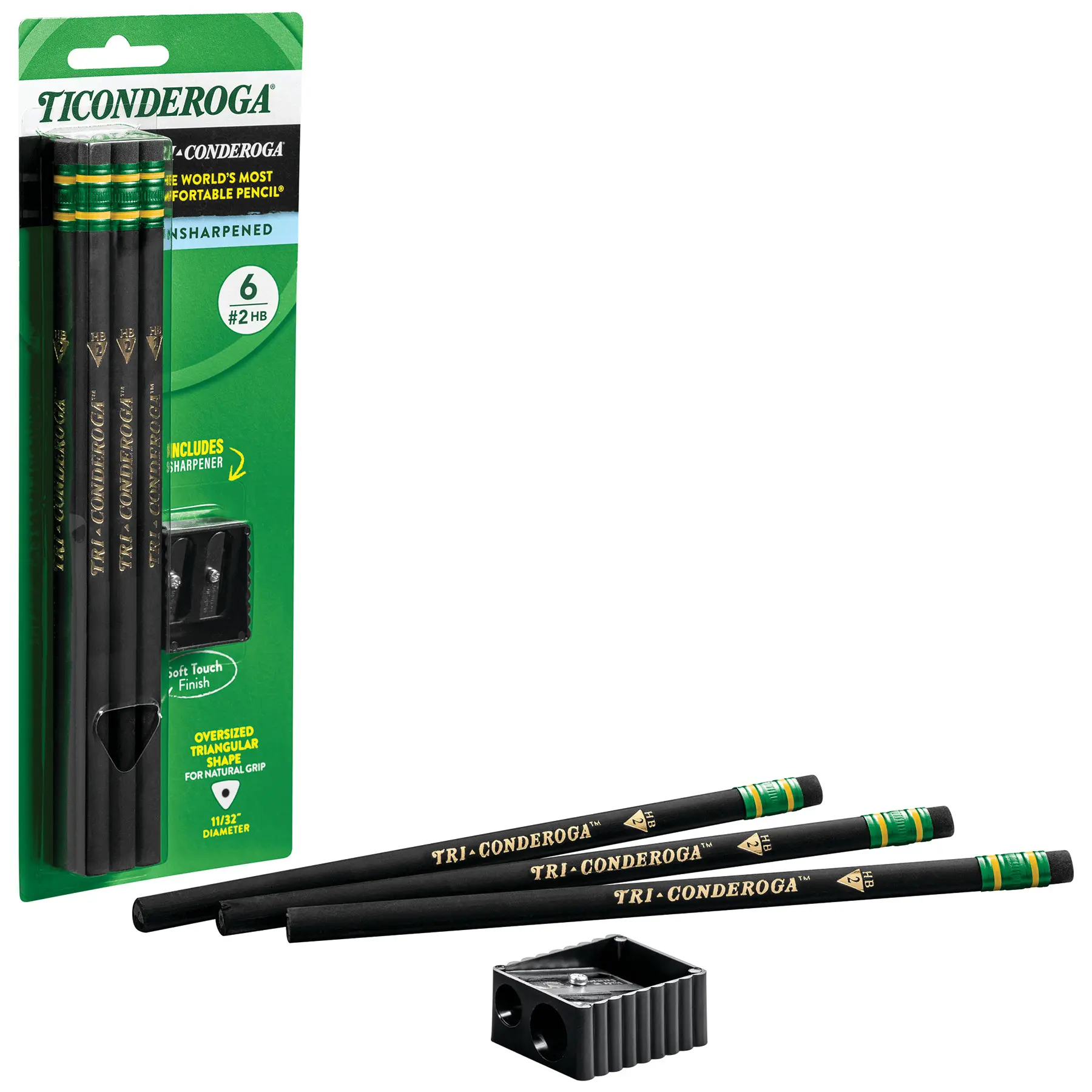 Ticonderoga Tri-Conderoga Wood-Cased Pencils with Sharpener, #2HB Soft, Unsharpened, Easy Grip Soft Black, 6 Count (7 Pieces)