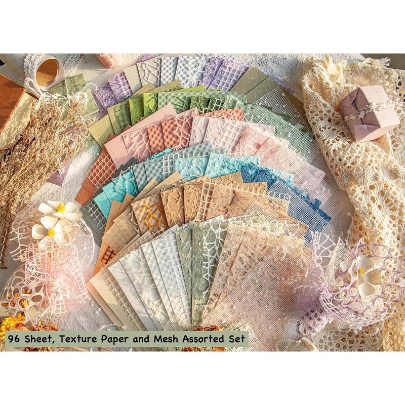 96 Sheets Textured Scrapbook Paper and Mesh Fabric Assorted Set  6 Mixed Special Paper for Scrapbooking Planner Bullet Junk Journal Supplies Mixed Media Collage Card Embellishments 3.9x5.5 Inch