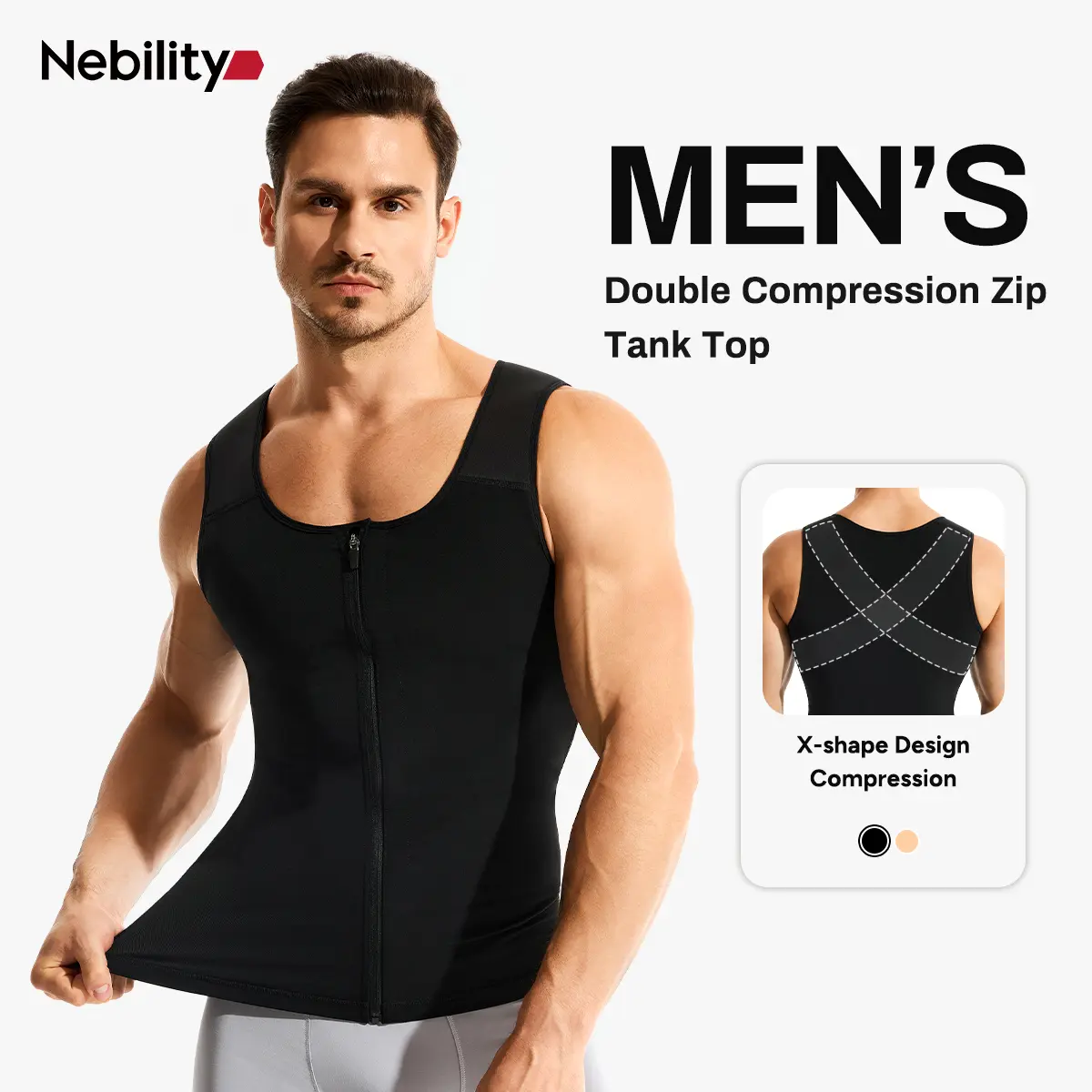 【New Arrival】Nebility Men’s Double-Layer Shapewear Vest – Waist Trainer Trimmer with Sponge Shoulder Straps & X-Back Support, Zipper Front, Athletic & Fitness Body Shaper for Sport & Everyday，fathersdaygift
