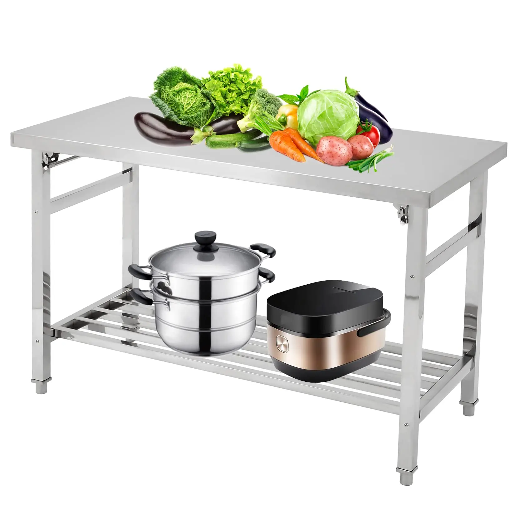【GARVEE】48 x 24 Inch Stainless Steel Folding Table with Adjustable Undershelf, NSF Commercial Kitchen Island for Prep and Work, Ideal for Restaurants, Homes, and Hotels