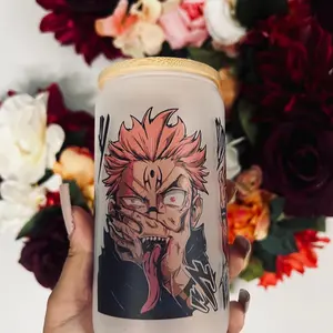 Yuji Itadori Frosted Glass Tumbler with Lid and Reusable Straw for Iced Coffee - Jujutsu Kaisen Anime Bamboo Cup Drinkware Handmade Anime Character Iced Coffee Glass, Anime Libbey Cup, Japanese Can Glass, Anime Cup, Anime Gift, Anime Character Cup, JJK