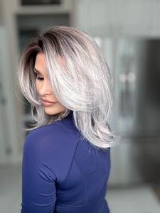 Carkira Monica 13x4 Lace Front Wig Grey Color Mixed Silver Short Cut Style with Curtain Bangs Synthetic Fiber Hair 14Inch Pre Plucked Natural Hairline for Women Girls
