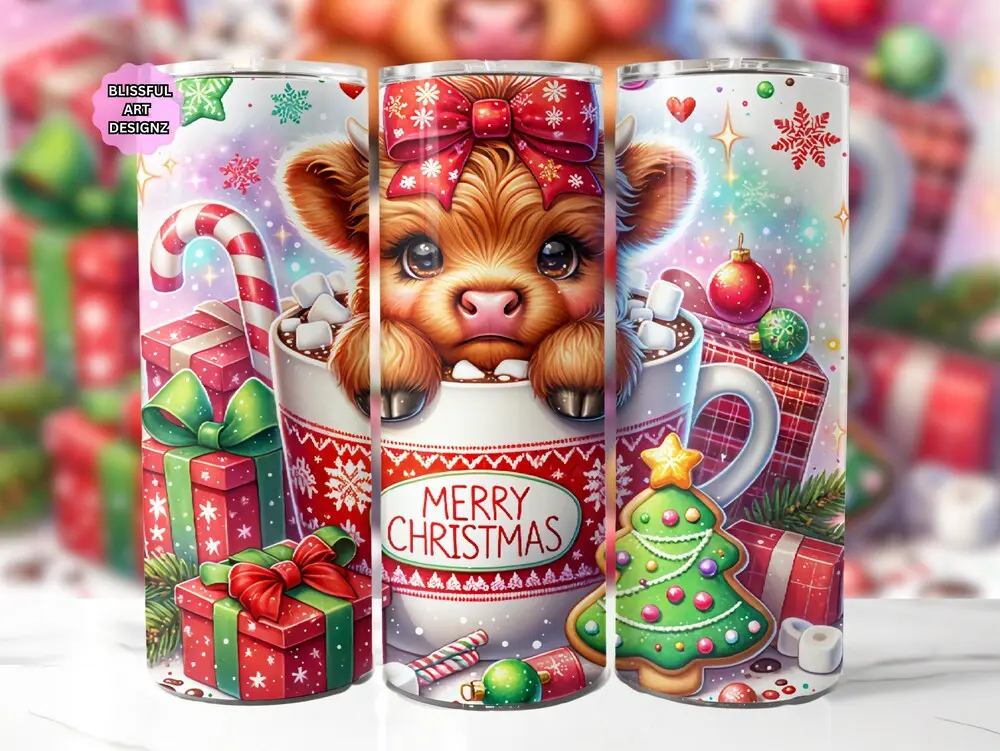 Hot Cocoa Christmas Highland Cow, 20 oz Skinny Tumbler Sublimation Highland Cow Tumbler, Christmas Tumbler