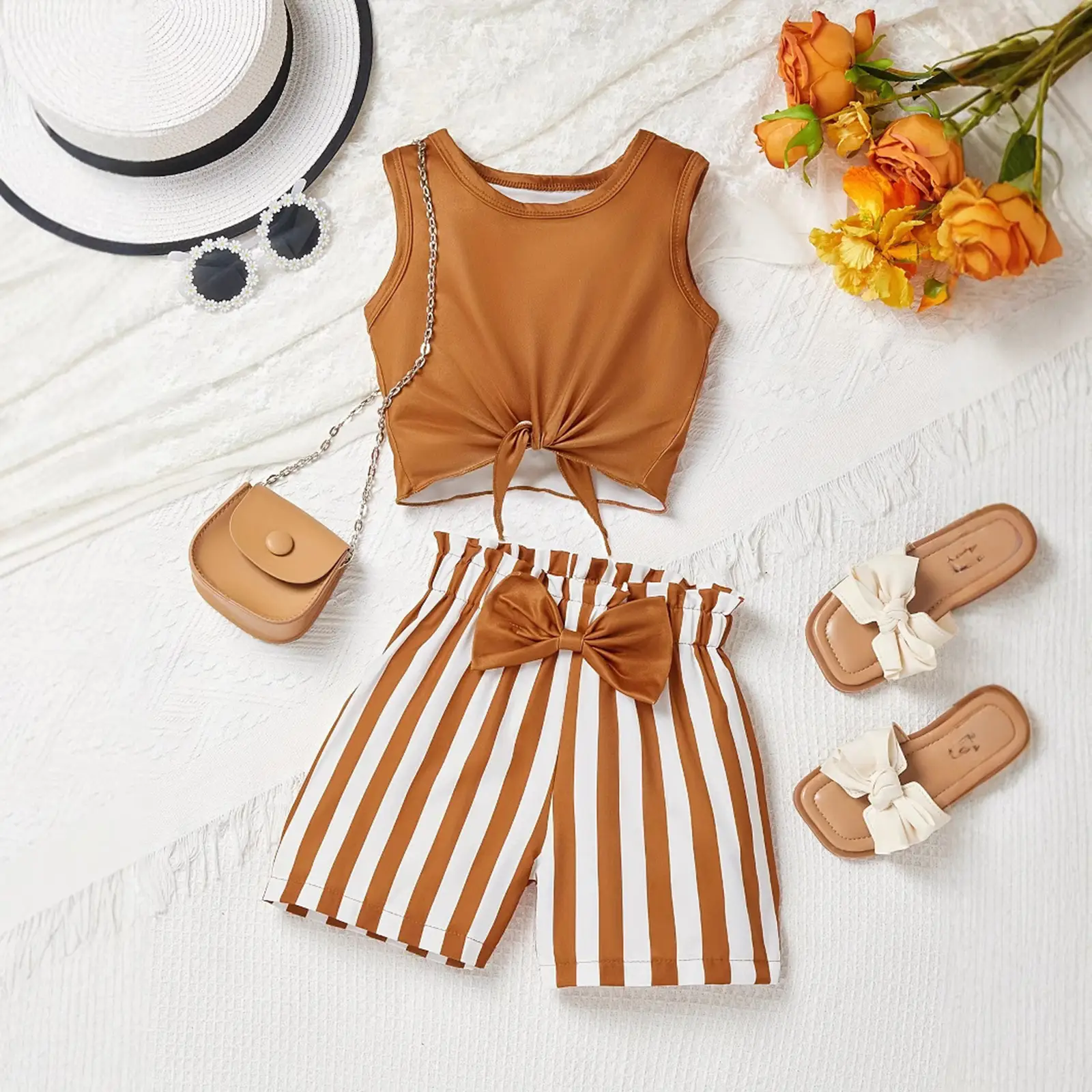 Toddler Baby Kids Girls Shorts Set Sleeveless Tank Top and Striped Shorts Summer 2-piece Outfit 3-10 Years