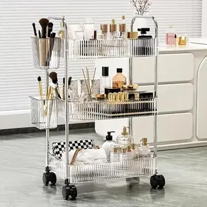 Portable 3-Tier Rolling Acrylic Makeup Cart Transparent Multi-Layer Storage Organizer for Bathroom Living Room