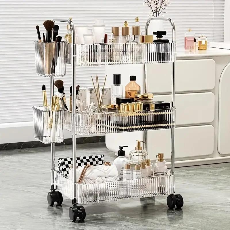 Portable 3-Tier Rolling Acrylic Makeup Cart Transparent Multi-Layer Storage Organizer for Bathroom Living Room