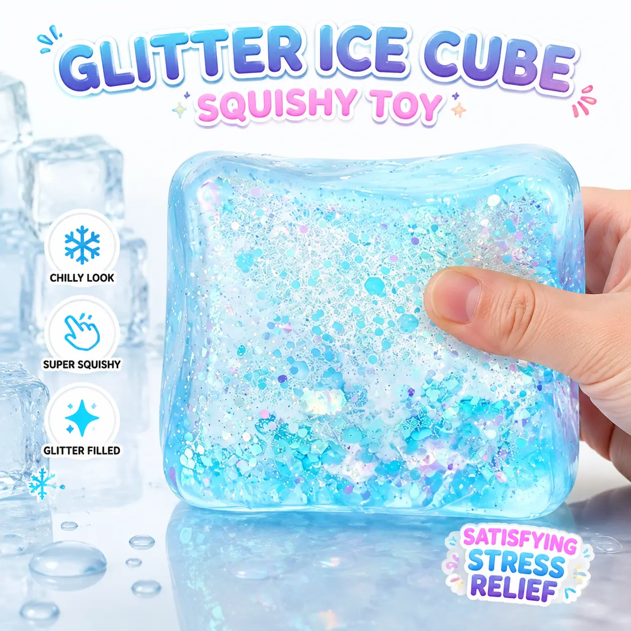 Glitter Squishy Ice Cube Stress Relief Toy for Anxiety, Focus & Sensory Play