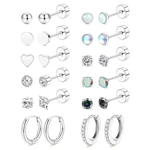 hip  hop  mwear EJ-12pairs-White    Hypoallergenic Flat Back Earrings for Women-Surgical Steel Earrings for Sensitive Ears 20G Stainless Steel Earring Stacks Small Flatback Stud Hoop Cartilage Earring