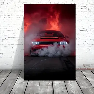 1pc Red Muscle Car Canvas Print - Modern Art Decor Poster -  Waterproof, Artistic Vehicle Theme, Vertical Orientation, Indoor Use - For Home Office, Bathroom, Living Room, Bedroom, Restaurant, Bar - Perfect Gift for Art Lovers & Car Enthusiasts
