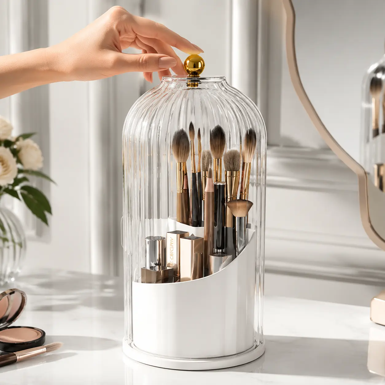 Rotating Birdcage Makeup Brush Holder Dustproof Cosmetic Organizer with Dividers for Vanity， Suitable for 11 Holidays, Valentine'S Day, Halloween, Christmas, Makeup Organizers