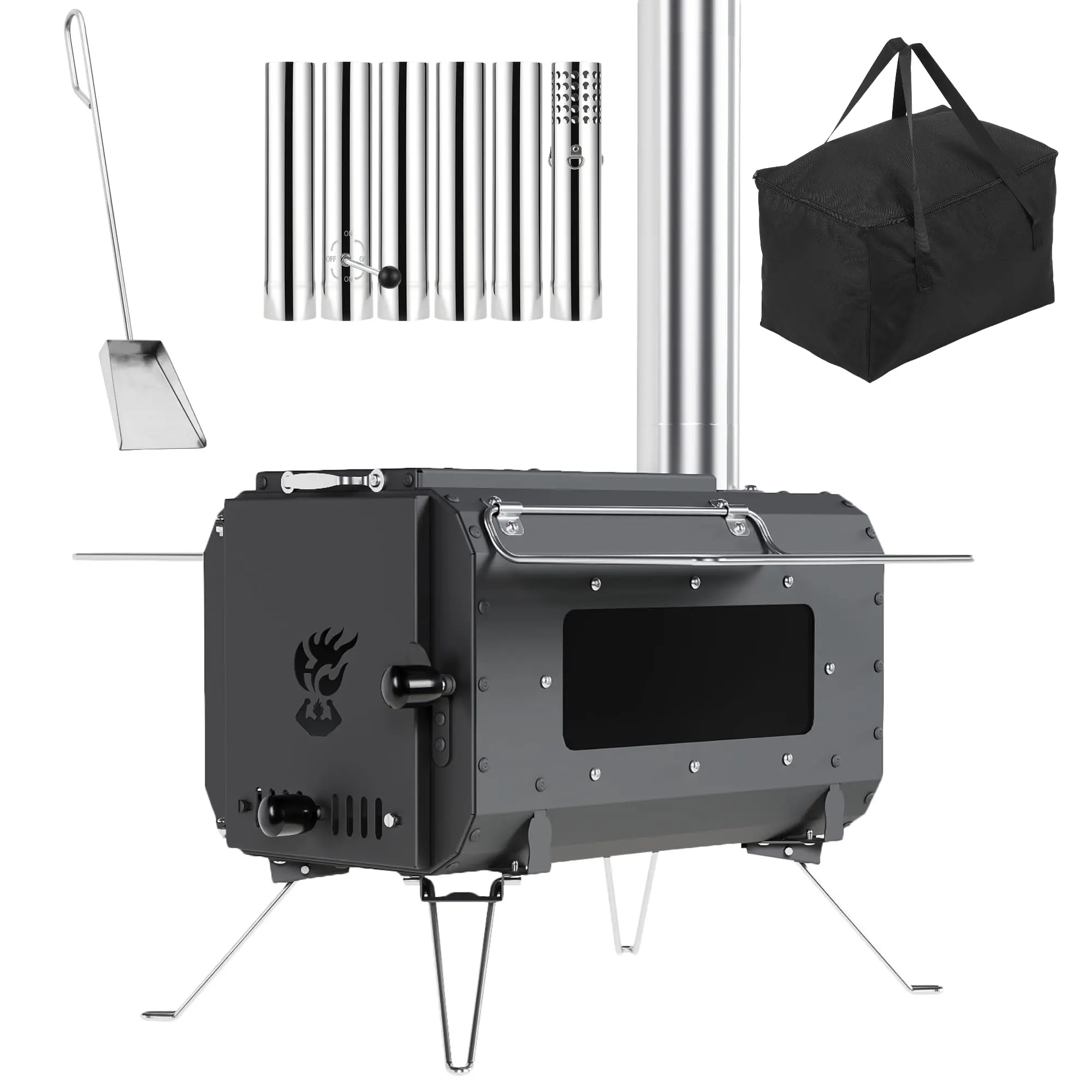 Garvee Outdoor Portable Stove, Wood Stove, Adjustable Heat Adjuster Damper, Portable Camping Heater, Cast Iron Burning Hot Stove for Outdoor Tent Ice Fishing, Freestanding Winter Gear with Chimney