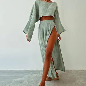 Casual Solid Cotton Linen 2 Piece Sets Spring O Neck Crop Top High Waist Slit Women Skirt Outfit Summer Flare Sleeve Hollow Suit