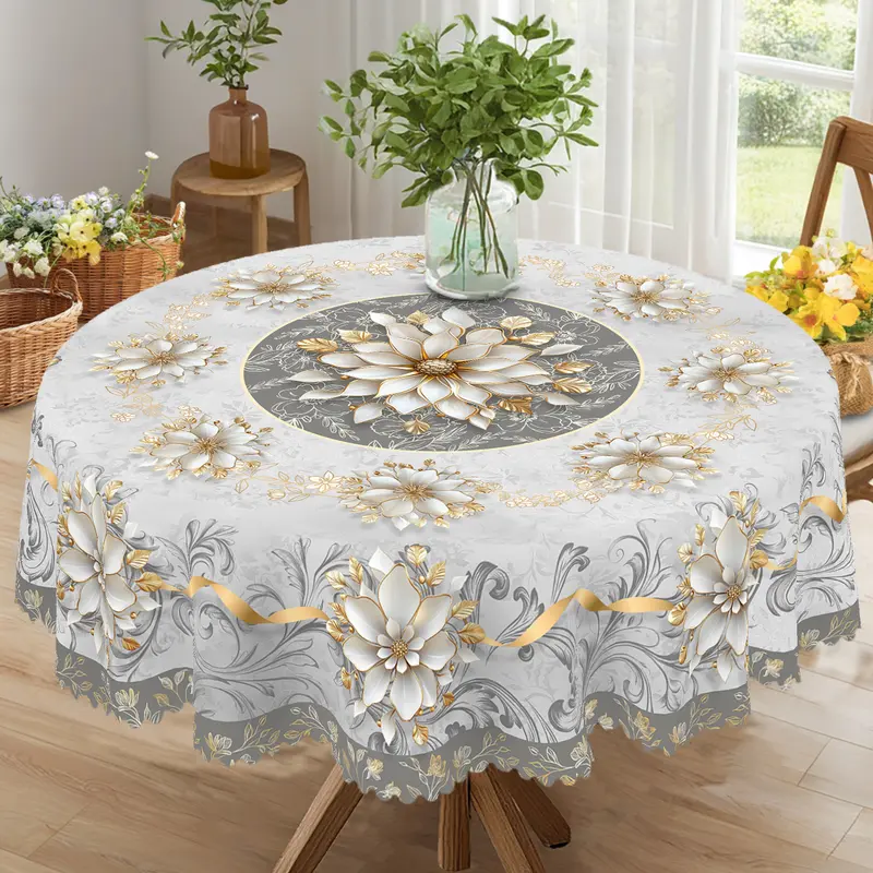 【Moving Season】PLUMLIK Elegant Golden Floral Tablecloth, Grey Round Rectangular Table Cover, Courtyard Outdoor Home Wedding Birthday Party Decoration, Bridal Shower Gift Home Decor, Kitchen Festive Accessories, round table cloth Farmhouse Decor