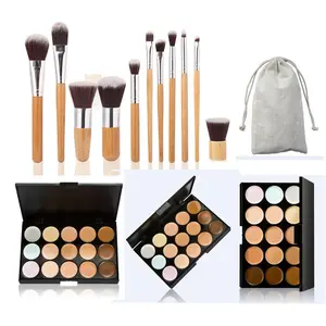 15 Colors Cosmetics Cream Contour and Highlighting Makeup Kit, Color Correcting Cream Concealer Camouflage Makeup Palette + 11 Pcs Foundation Powder Concealer Eye Shadows Makeup Brushs