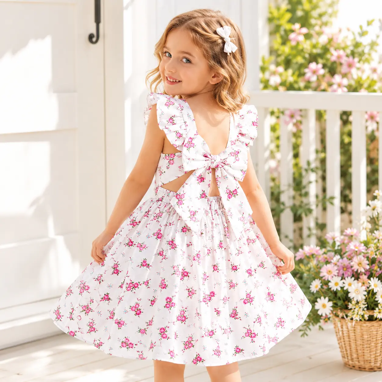 Toddler Girls Floral Dress White Rose Print Square Neck Ruffle Sleeve Back Bow A-Line Twirl Party Dress for Spring Summer Birthday 2-7 Years