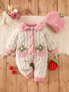 Baby Thick Double-Faced Velvet Romper Set, Sweet 3D Strawberry Pocket Hemp Pattern Jumpsuit, Soft Warm Winter with Matching Hat