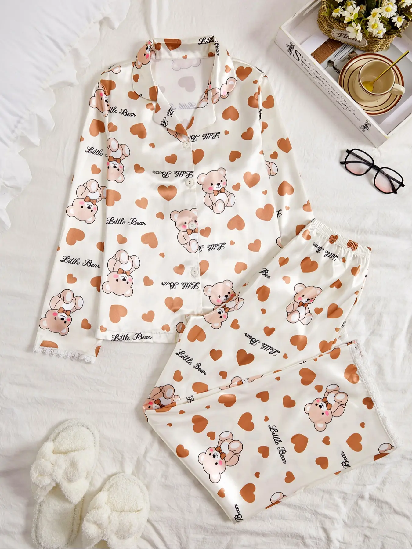 Women's Lady Cartoon Bear Heart Print Satin Soft Pajama Set, Long Sleeve Button Front Top & Pants, Casual Homewear, Two-Piece Fitted, Nightwear, co-ord sets for women,loungewear set,pj sets for women,loung set for women,cute autumn outfits, Pyjamas