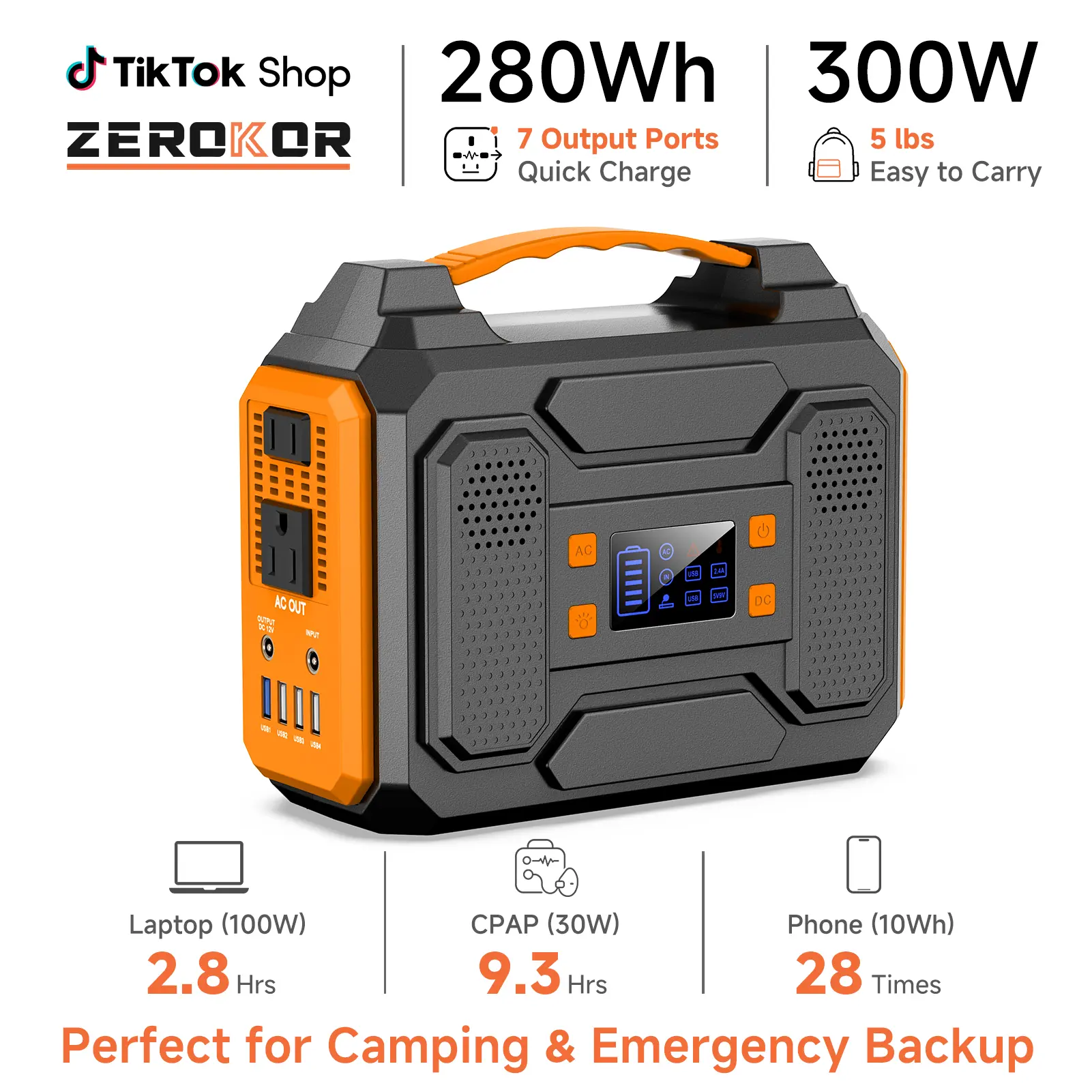 [ZeroKor] 300W Portable Power Station - 110V Pure Sine Wave, 280Wh Large Capacity Chargeable Lithium Battery Pack, 9V-12.6V/10A Max DC Port, AC Outlets, USB-A, LED Lights, Battery Backup Power Supply for Camping, Home Use