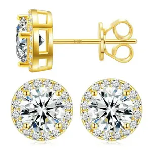 S925 Sterling Silver Round CZ Lab-Grown Zircon Set in a Halo, Unisex Minimalist Jewelry for Men and Women, Anti-tarnish Daily Wear Unisex Jewelry, Classic Piercing Gift Surgical Steel Stud Earrings aretes elegantes lightweight dainty