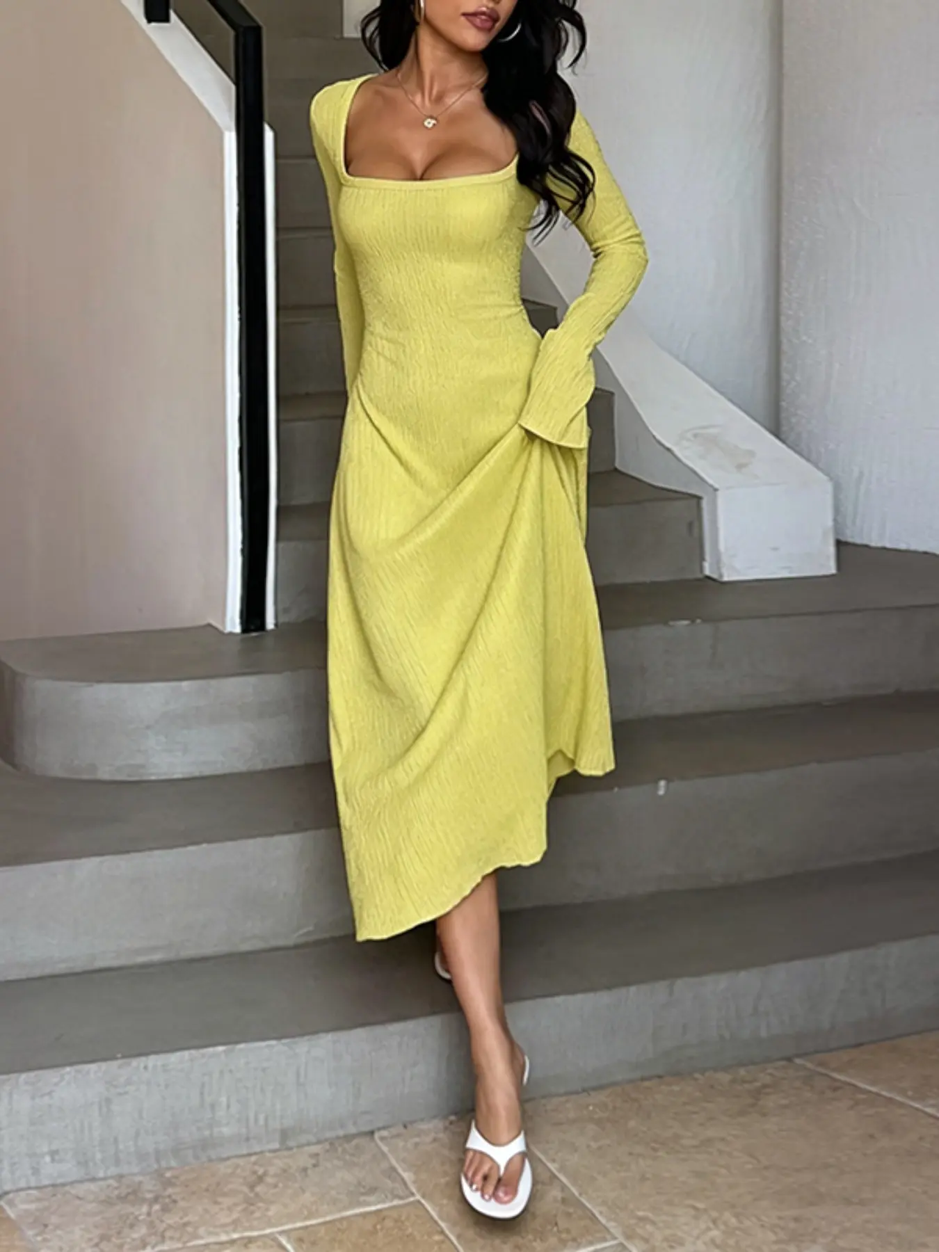 Women's Plain Lace Up Tie Back Flounce Sleeve Dress, 1 Count Chic Elegant  Square Neck Long Sleeve A Line Dress for Formal Party Holiday Wedding  Guest, Ladies Spring&Fall Clothes - TikTok Shop