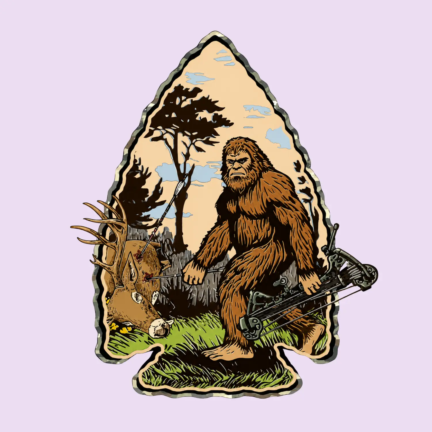 Bigfoot Hunting Sticker, Sasquatch Hunter Compound Bow Deer Arrowhead Vinyl Decal, Funny Cryptid Hunter Waterproof Sticker