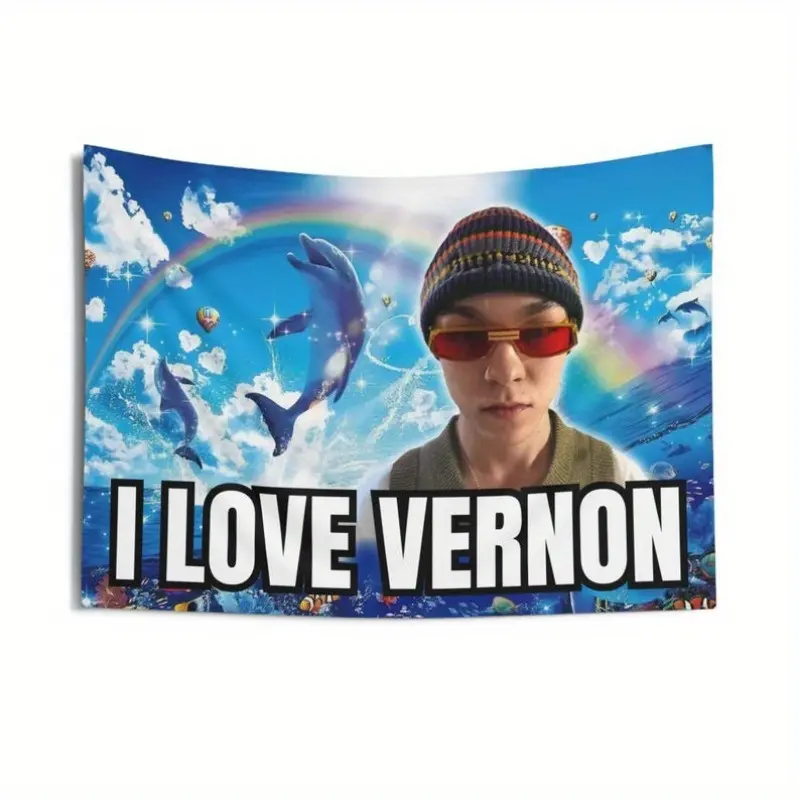 Vernon Dolphin Meme Banner - Kpop Flag Tour 2025 Merch, Vibrant Polyester Tapestry with "I Love Vernon" Design, Perfect Gift for Birthdays & Concerts, 23.62x15.75inch or 23.62x20.08inch, Carat Covering, Carat Covering Tapestr