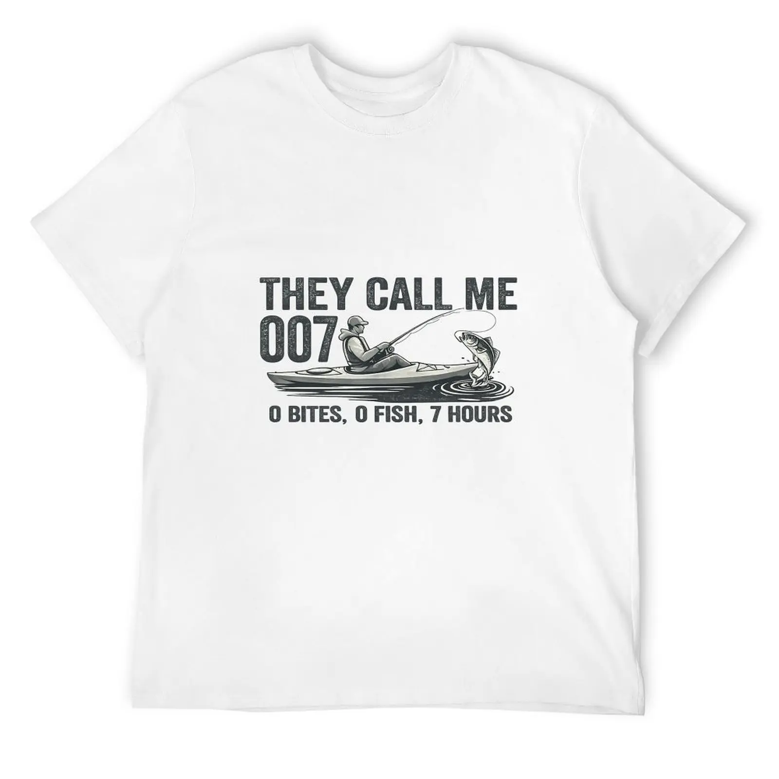 Men’s "They Call Me 007" Fishing Joke Tee, Short Sleeve Tops, Classic Cut Crew Neck Tee, 0 Bites 0 Fish 7 Hours Humor, Front/Back Print, Kayak Fishing Graphic Shirt, Black or White