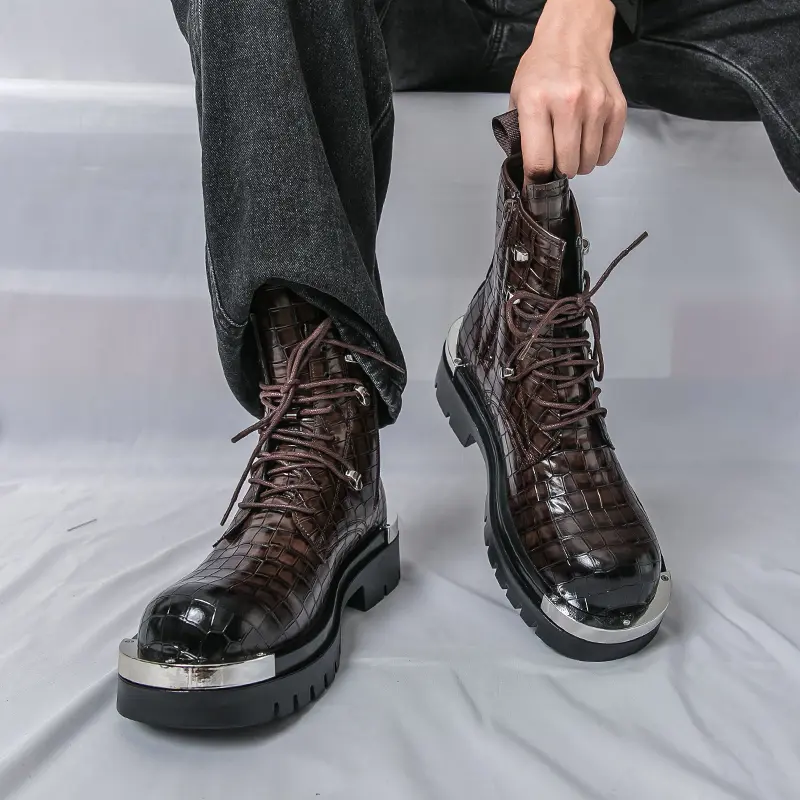 Men's Croc-Embossed Mid-Calf Combat Boots - Lace-Up, Chunky Rubber Sole, Plain Streetwear, Military-Alternative Style, PU Leather, Round Toe, All-Season Versatile Casual Walking Shoes, Camping Essentials, Footwear