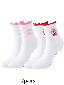 2 pairs of elegant lace-edged ruffled embroidered heart mid-calf socks, stylish silicone anti-slip fitness yoga socks suitable for women's daily home workouts, Pilates socks