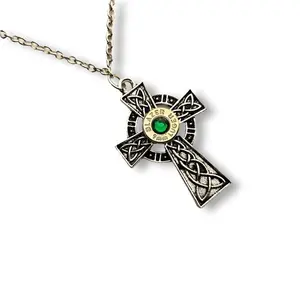 Celtic Irish Cross Bullet Slice Pendant Necklace with Birthstone Silver Coated Brass or Steel 9mm Shell Casing Gift for Him Jewelry