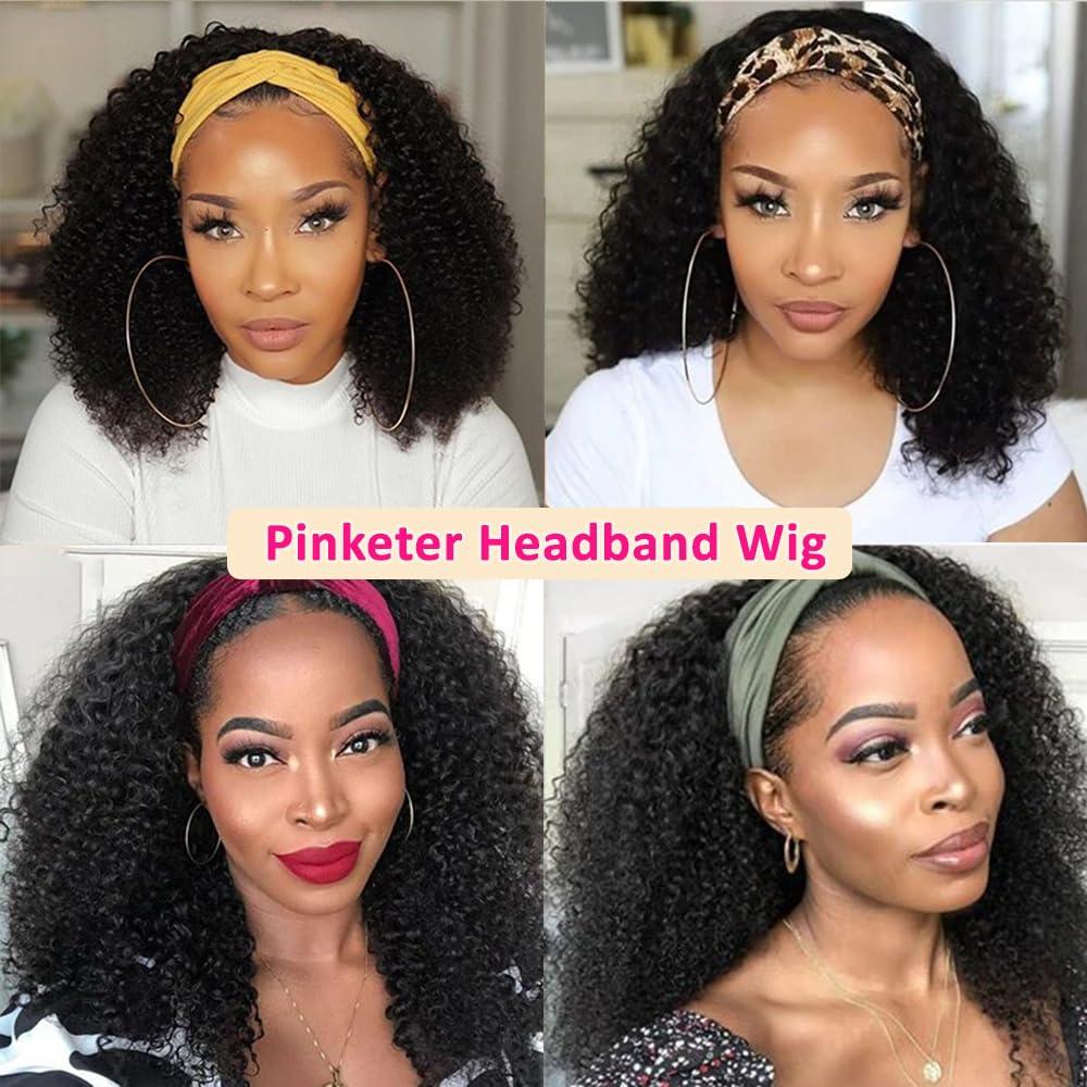 MYLOCKME Long Headband Wig Human Hair Kinky Curly Human Hair Wig for Women Curly Half Wig None Lace Front Wigs 180% Brazilian Virgin Hair