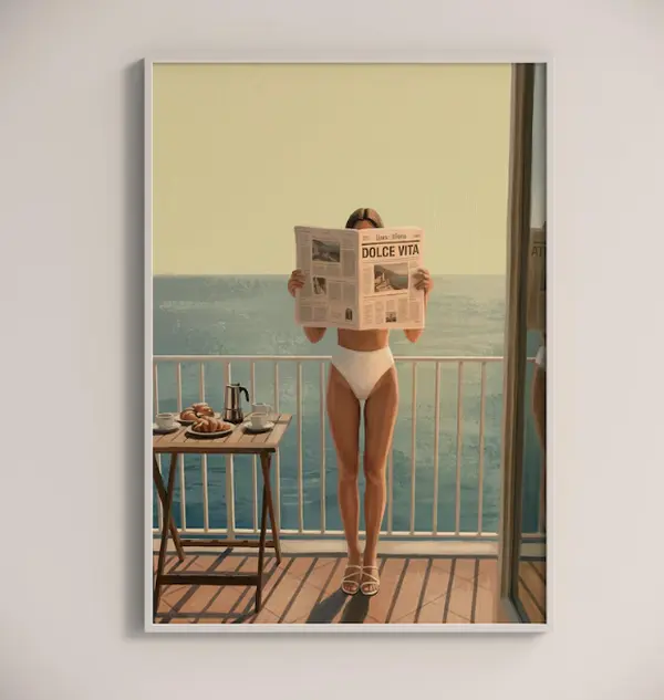 Italian Summer Amalfi Coast Print, Woman Reading Newspaper, Vintage Ocean View Poster [ NO FRAME ]